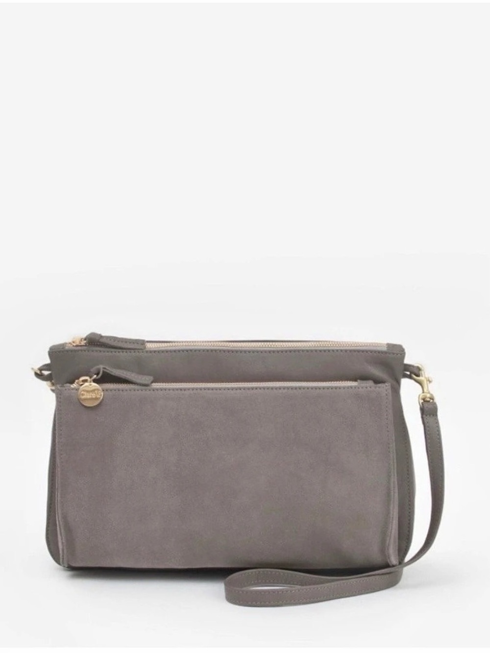 Clare V GoSee Crossbody Bag Taupe Gray Suede Leather Gold Hardware